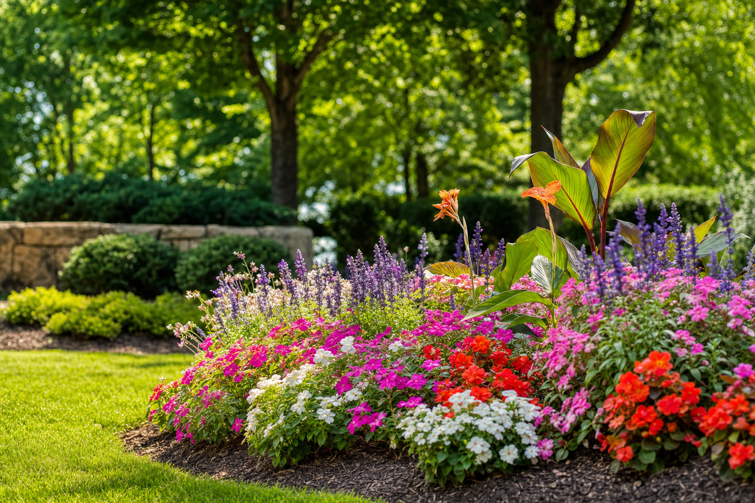 Colorful annual flower bed with pink, purple, white, and orange blooms beside a lawn.